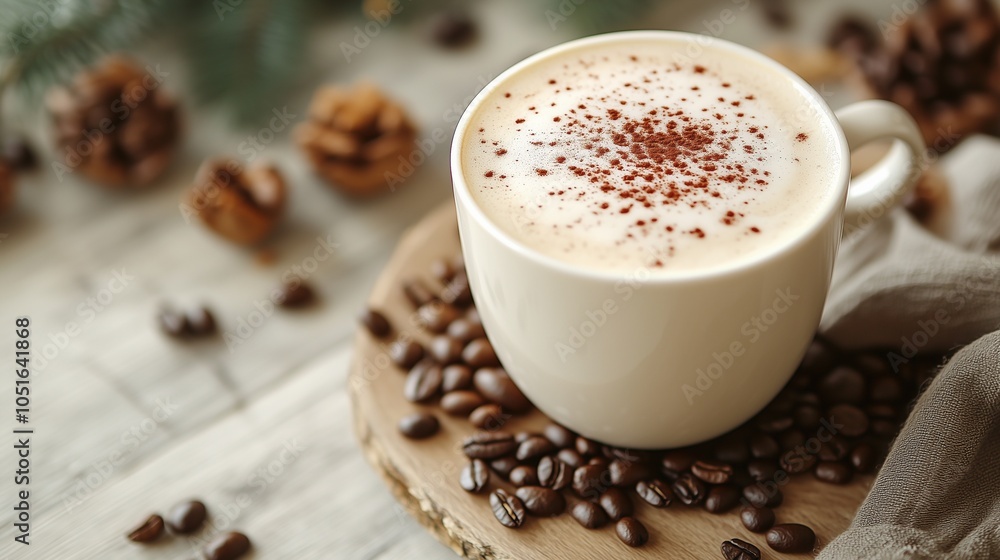 A white cup of hot cappuccino with coffee beans stands on a wooden background. Rustic style, space for text A white cup of hot cappuccino with coffee beans stands on a wooden background. Rustic style, space for text