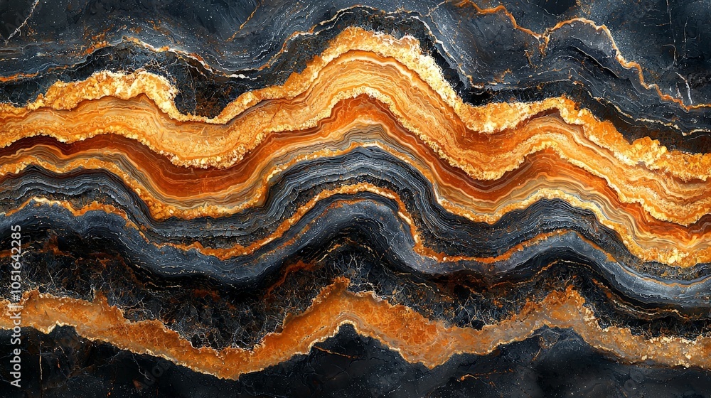 A close-up of layered orange and black stone, showcasing natural patterns and textures. A close-up of layered orange and black stone, showcasing natural patterns and textures.