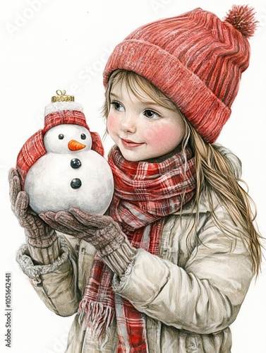 Joyful child holding a snowman in winter attire