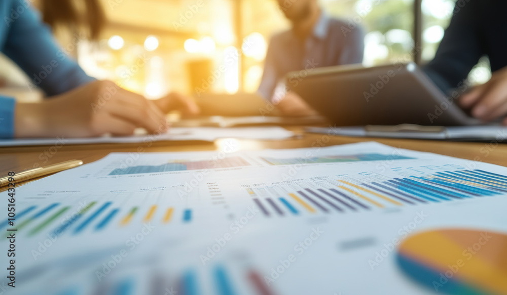 Charts and reports lie on a well-lit office table, indicating business analytics, while a blurred backdrop captures workplace conversations and tasks. Charts and reports lie on a well-lit office table, indicating business analytics, while a blurred backdrop captures workplace conversations and tasks.
