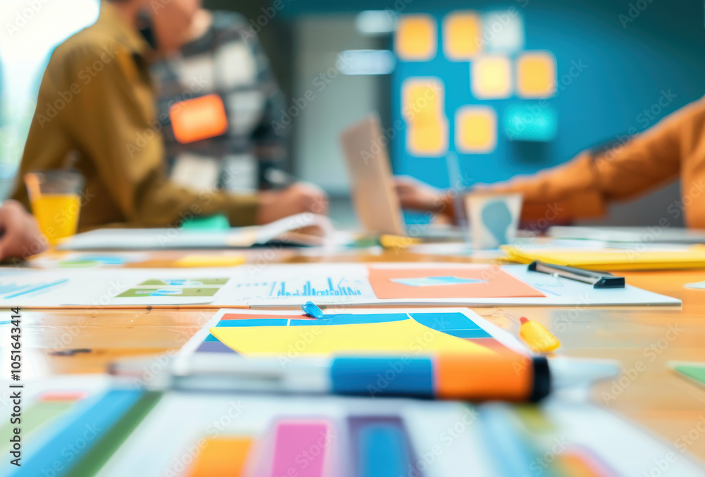 Charts and reports lie on a well-lit office table, indicating business analytics, while a blurred backdrop captures workplace conversations and tasks. Charts and reports lie on a well-lit office table, indicating business analytics, while a blurred backdrop captures workplace conversations and tasks.
