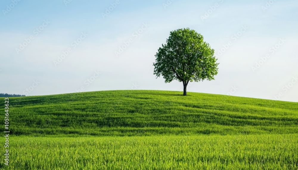 Fototapeta premium Lone tree on a hill, surrounded by vibrant green grass under a clear blue sky.