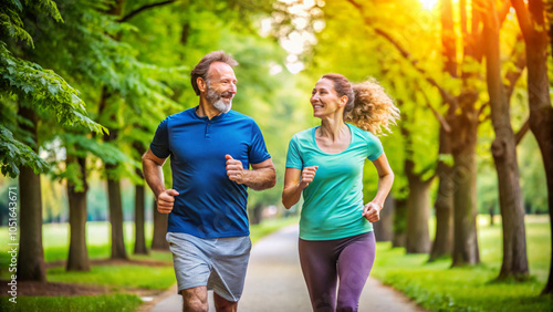 Active couple jogging on park path, cheerful expressions, vibrant nature setting.