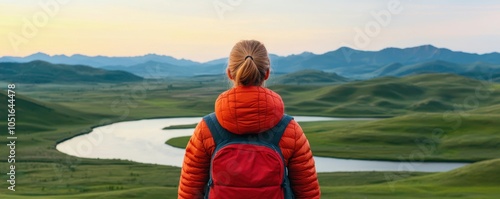 Person in orange jacket overlooking scenic landscape at sunrise by river, inspiring adventure and exploration. photo