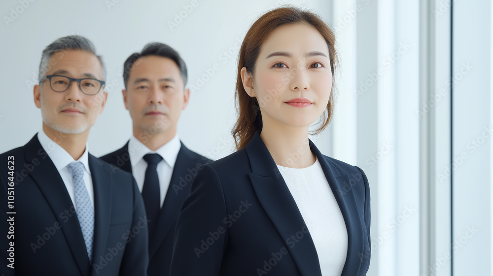 Professional business team in formal attire standing confidently in a modern office setting with large windows and natural light. Professional business team in formal attire standing confidently in a modern office setting with large windows and natural light.