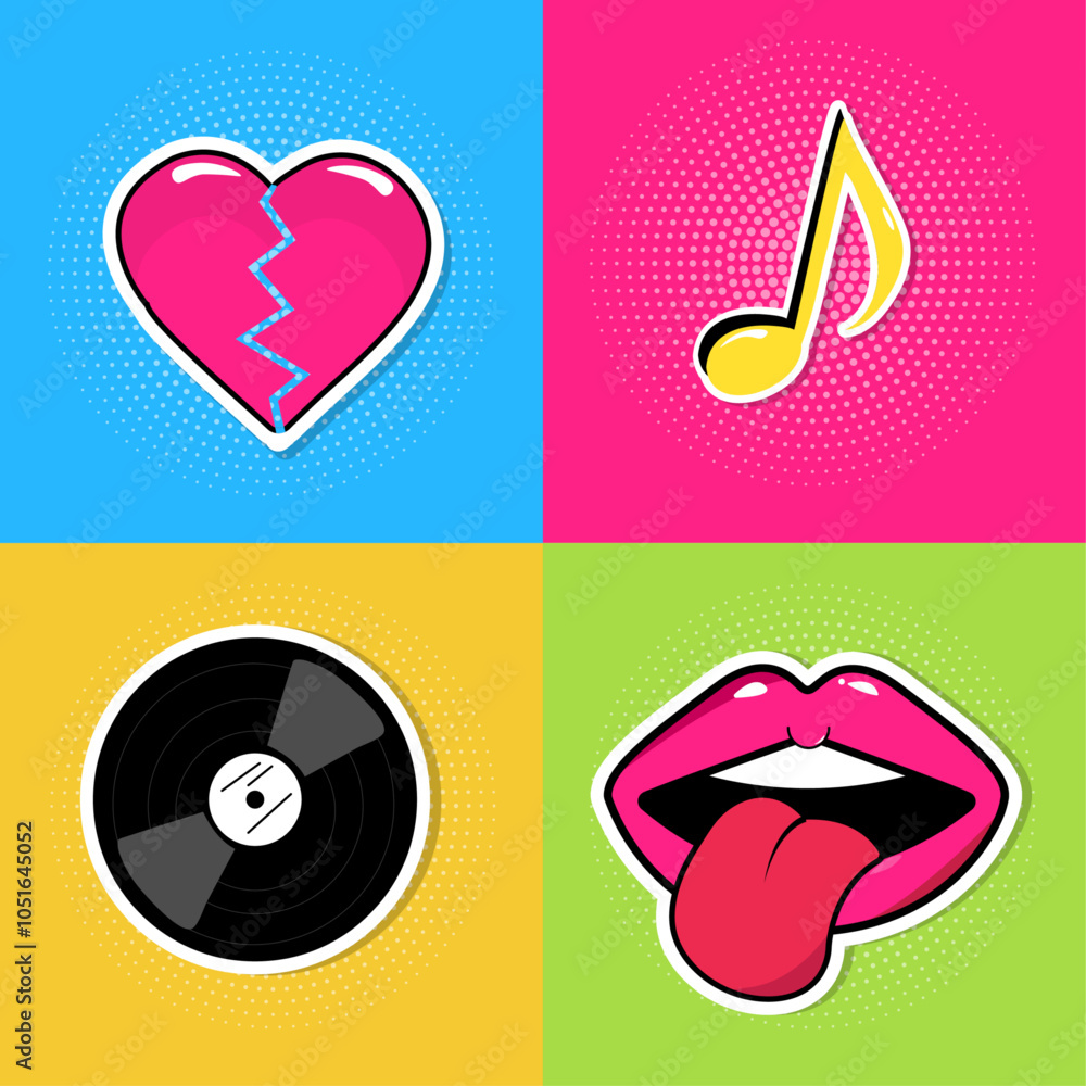 Vector illustration of a set of pop art stickers. Trendy 90s retro vector stickers, cool funny icons. Vector illustration of a set of pop art stickers. Trendy 90s retro vector stickers, cool funny icons.