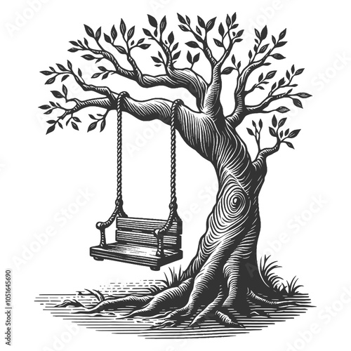 tree with a swing hanging from its branch, evoking nostalgia, calm, and simplicity sketch engraving generative ai vector illustration. Scratch board imitation. Black and white image.