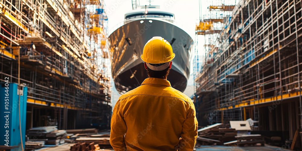Man in a hard hat observes a large yacht under construction, representing industrial craftsmanship, engineering, and precision in shipbuilding. Man in a hard hat observes a large yacht under construction, representing industrial craftsmanship, engineering, and precision in shipbuilding.