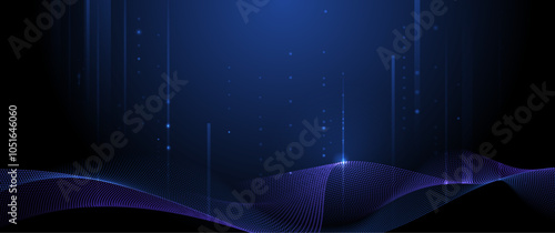 Illustration vector abstract wave, flow line, motion pattern and particle dot on dark blue background. Modern futuristic, big data design for background. Digital datum, high tech, technology concept