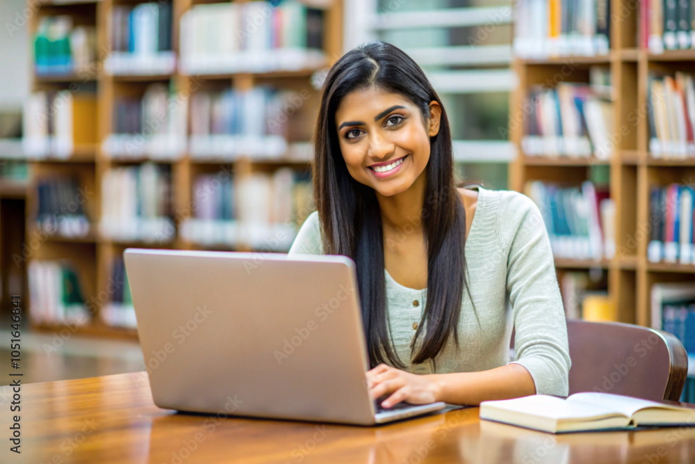 Beautiful Indian student posing, smiling at library desk with laptop Beautiful Indian student posing, smiling at library desk with laptop