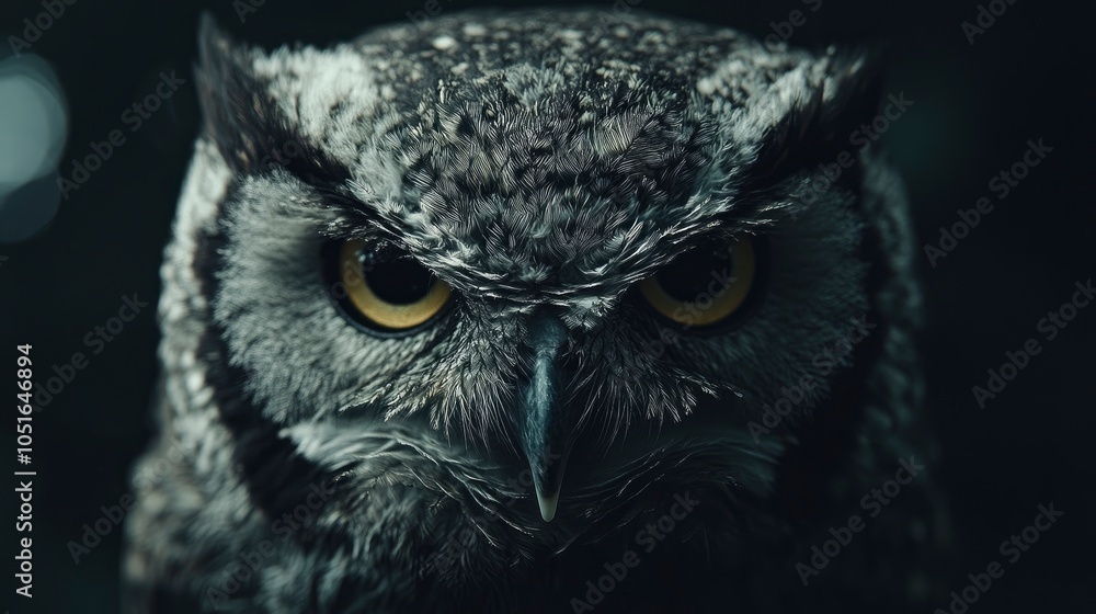 Close-up portrait of an owl with yellow eyes. Close-up portrait of an owl with yellow eyes.