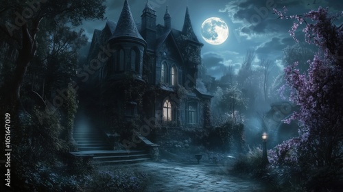 Mysterious haunted mansion under full moon, surrounded by dark forest and flowers