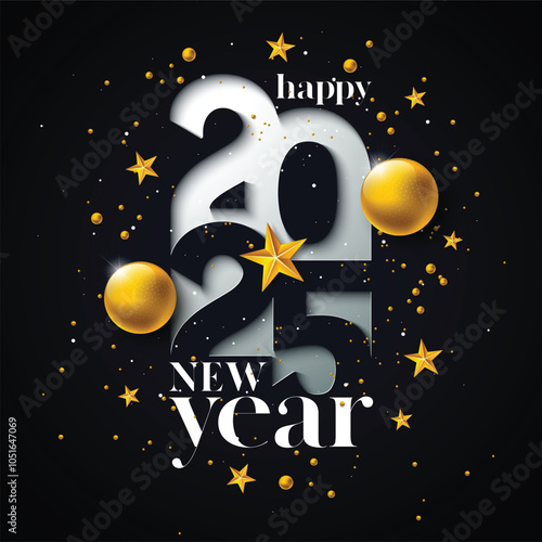 Happy New Year banner illustration with typography lettering and a Christmas ball on a black background.