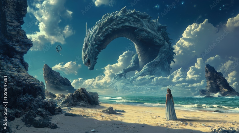 Fototapeta premium Majestic dragon overlooking beach, woman in white dress gazing at creature