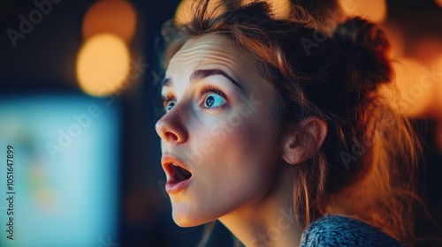 A young woman with wide eyes and an open mouth looks up in surprise or excitement.