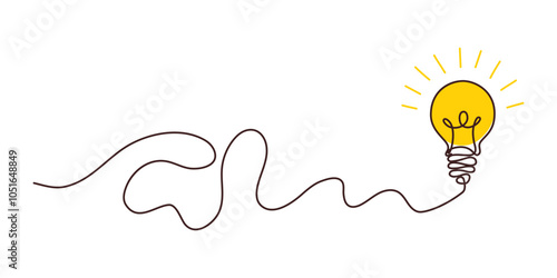 Confusion clarity or path concept idea with lightbulbs. Journey of tangled wires leading to a bright bulb. Business solutions searching. Vector illustration