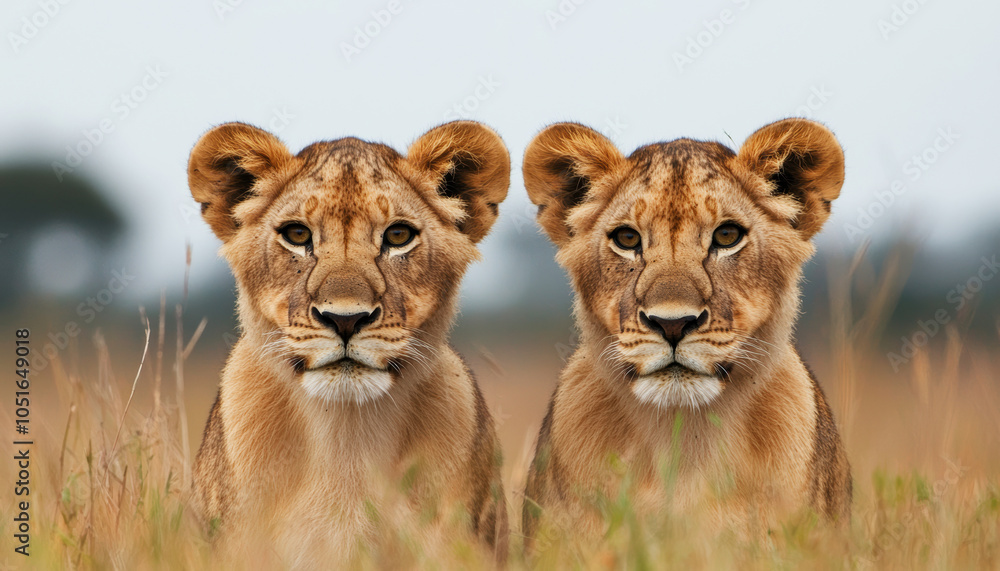 Two majestic lions sitting side by side in the wild grasslands, showcasing their powerful presence. Two majestic lions sitting side by side in the wild grasslands, showcasing their powerful presence.