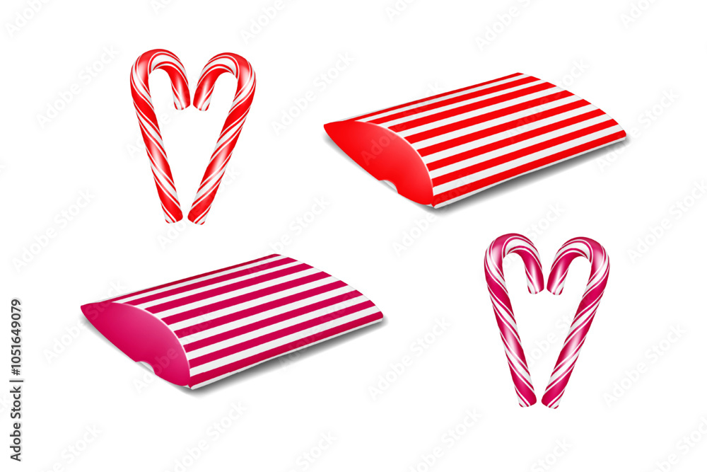 Obraz premium Christmas red and white striped paperboard pillow box gift packaging with candy cane peppermint sticks. Template for present Xmas design. Easy editable