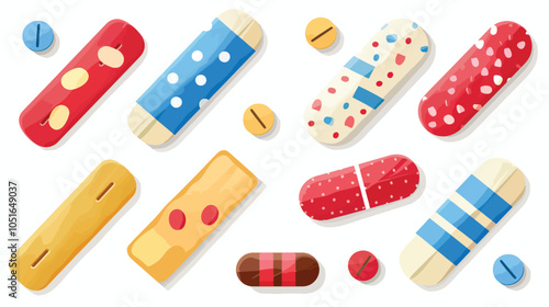 Vector set illustrations of band aids isolated on white, injury recovery, recovery