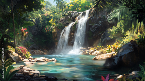 A hidden waterfall nestled in a tropical forest, forming a natural swimming area with smooth stones and vibrant plants 