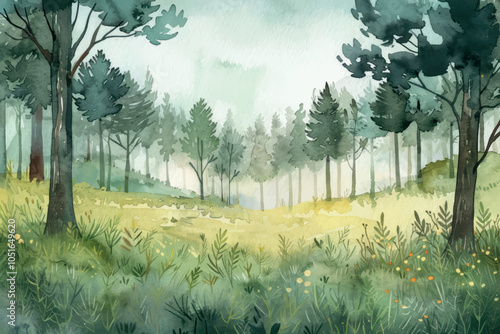 Serene watercolor forest landscape.