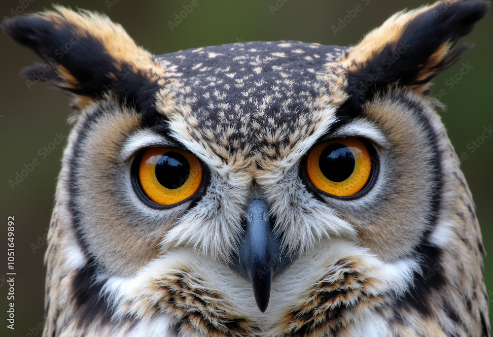 An owl with large, yellow eyes and a sharp beak is shown in close-up. An owl with large, yellow eyes and a sharp beak is shown in close-up.