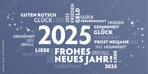 Neujahrsgrüße 2025 - weiße Schrift auf silbernem Hintergrund und  Jahreszahl - deutsch
