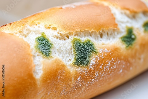 A close-up of a bread roll with green spots, potentially indicating mold or an unusual ingredient. photo