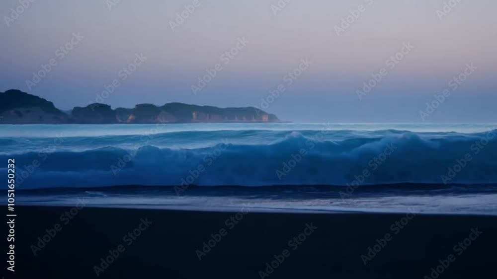 Low-angle shot of gentle waves lapping the shore at dusk, with the camera moving horizontally along the shoreline. Low-angle shot of gentle waves lapping the shore at dusk, with the camera moving horizontally along the shoreline.