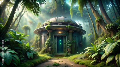 Alien base hidden in the jungle with large entrance door