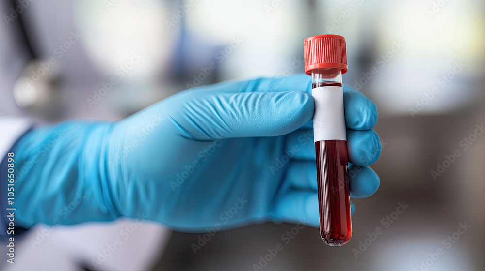 Laboratory Hand Holding Red Blood Sample in Glove Laboratory Hand Holding Red Blood Sample in Glove