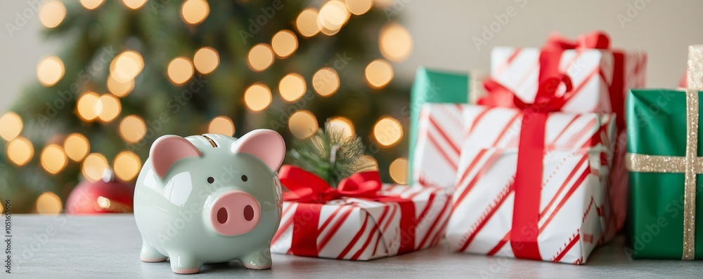 Naklejka premium A cozy holiday scene featuring a piggy bank next to beautifully wrapped gifts and a shimmering Christmas tree in the background.