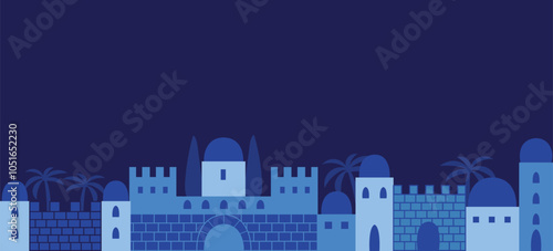 Blue old biblical city scene banner. Seamless pattern border. Use for copy space, poster design and more.