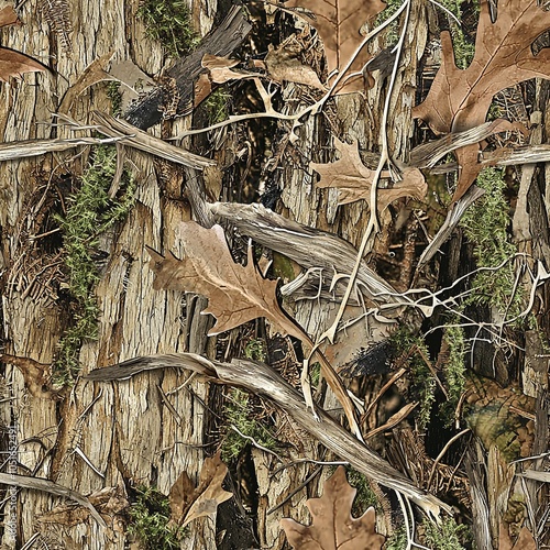 Mossy Oak Tree Bark Camo Hunting Texture, Seamless Tactical Camouflage Oak Leaves Pattern	