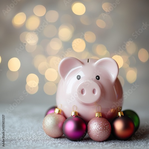 A pink piggy bank surrounded by colorful ornaments on a soft surface, with a festive blurred background of twinkling lights.