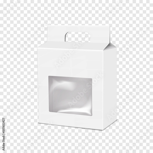 White blank cardboard gable box with clear plastic window and die cut carry handle. Realistic 3d vector mock-up. Paperboard transparent front gift bag. Mockup. Carton container package. Template