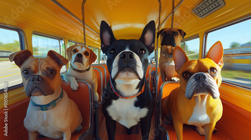 A group of adorable, playful dogs on a colorful school bus, setting off on a fun journey. These cute, friendly pets represent companionship and adventure, enjoying the ride together as loyal friends.