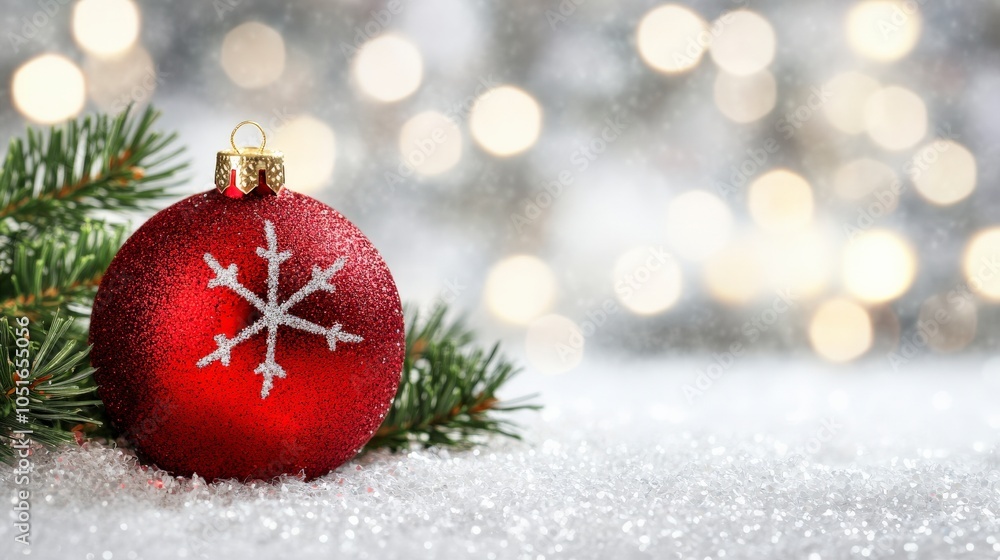 Festive Red Christmas Ornament on Snowy Winter Scene Festive Red Christmas Ornament on Snowy Winter Scene