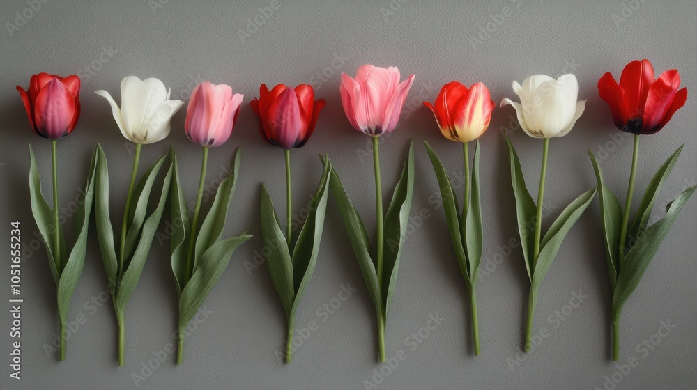 Fototapeta premium Vibrant Tulips on Gray Background - Floral Arrangement with Copy Space for Design or Text