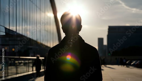 逆光、シルエット、男性、ビル｜Backlit, silhouette, man, building photo