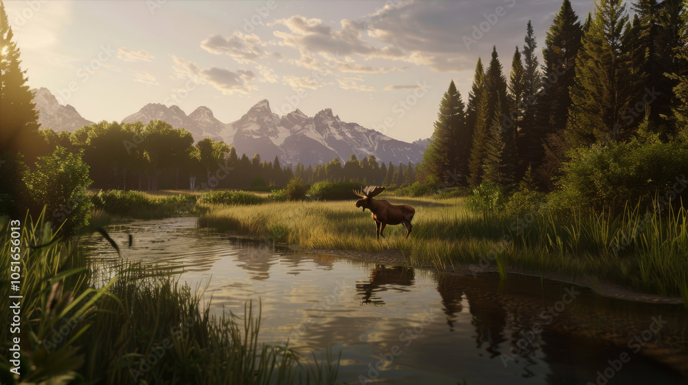 Fototapeta premium Elk drinks water from the river against the background of mountains 
