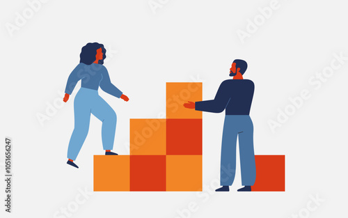 Man building the ladder success for woman in career and personal growth. Female climbs up stairs with help her husband or teacher. Mentorship, buddy and teamwork business concept. Vector illustration