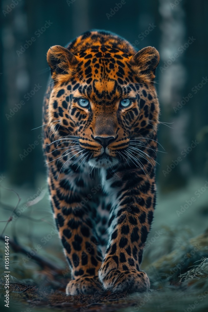 Naklejka premium A leopard walks forward in the dense jungle, highlighting its powerful stance and captivating gaze amidst the wild greenery.