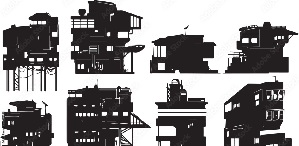 Obraz premium Set silhouettes of futuristic houses. Hand drawn vector illustration