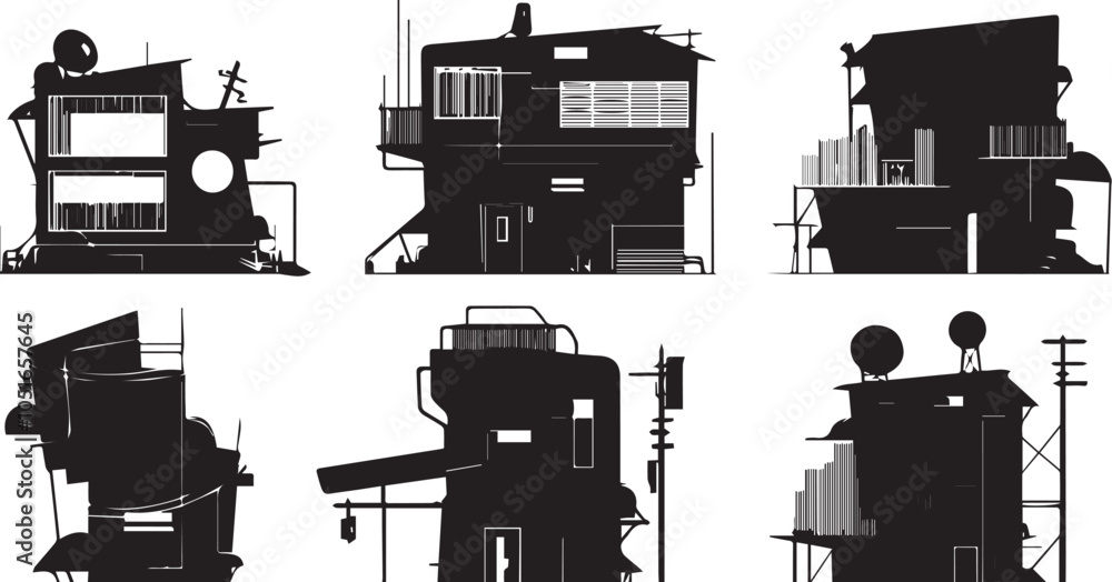 Obraz premium Set silhouettes of futuristic houses. Hand drawn vector illustration