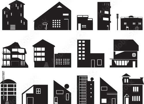 Set silhouettes of futuristic houses. Hand drawn vector illustration	