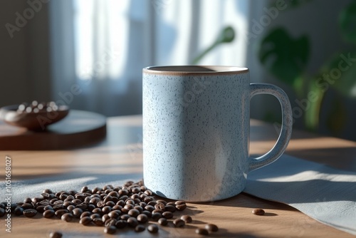 Wooden table with coffee cup photo