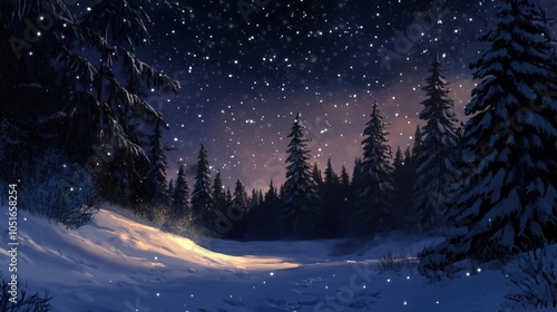 Snowy forest landscape at night, illuminated by soft light, falling snowflakes