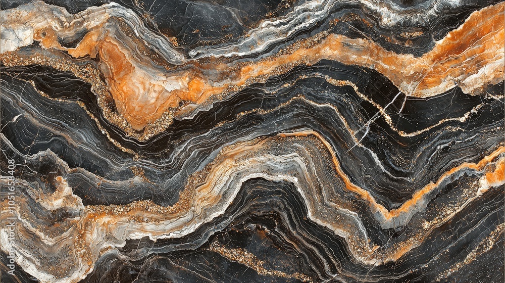 A close-up view of a colorful, layered stone surface with black, white, and orange hues. A close-up view of a colorful, layered stone surface with black, white, and orange hues.