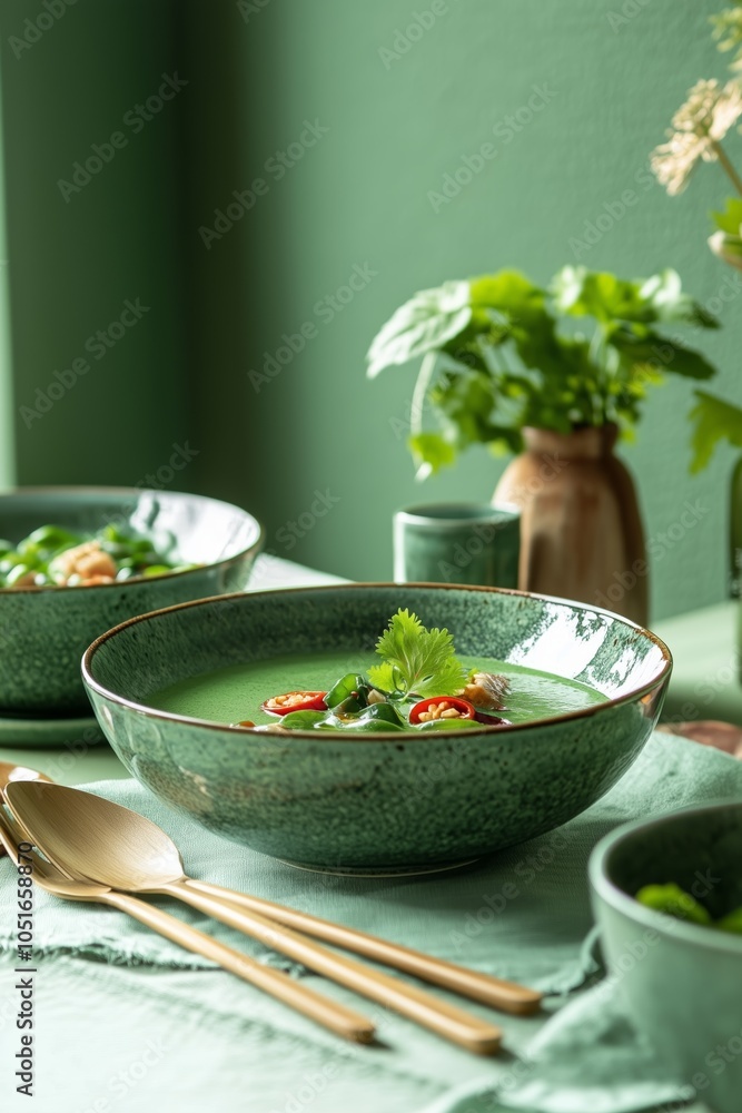 A vibrant green spinach soup garnished with red peppers and cilantro, styled elegantly on a modern table setting. A vibrant green spinach soup garnished with red peppers and cilantro, styled elegantly on a modern table setting.